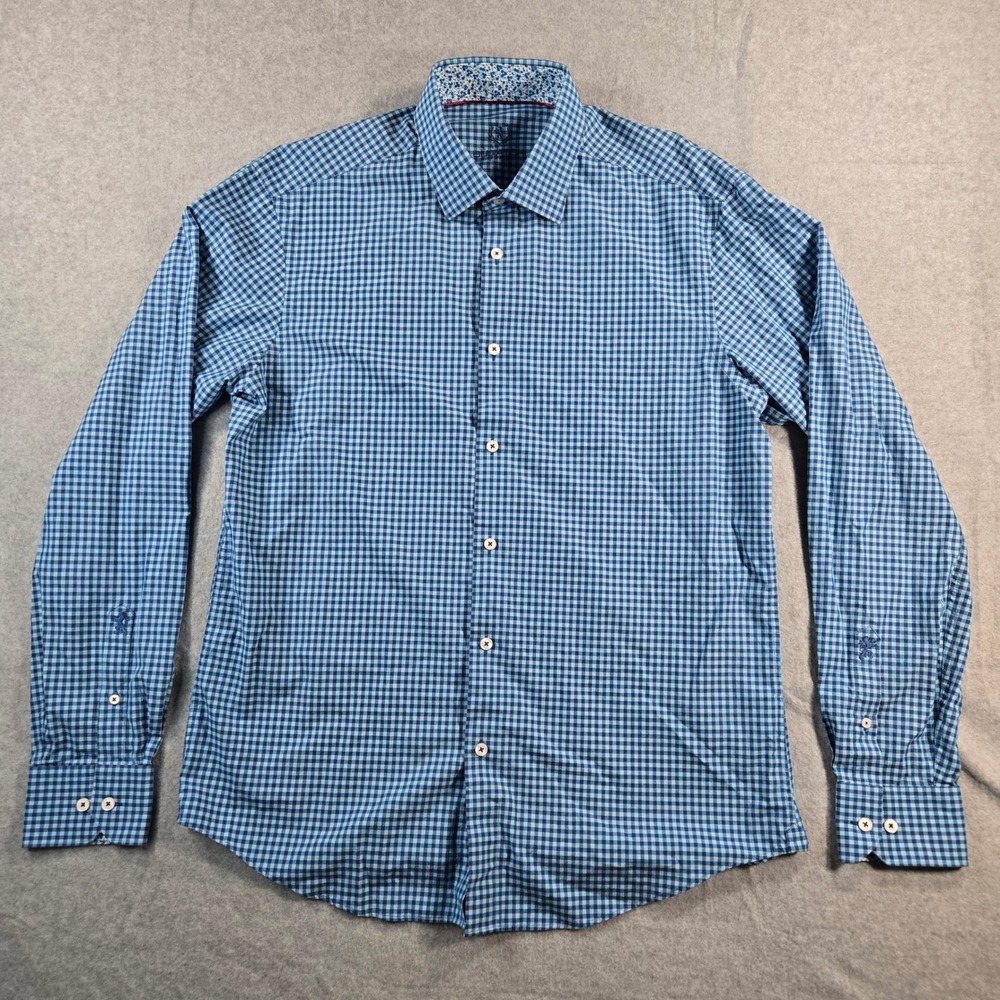 Bugatchi Uomo Mens Blue Gingham Button Down Shirt 16.5 36/37 Cotton Long Sleeve